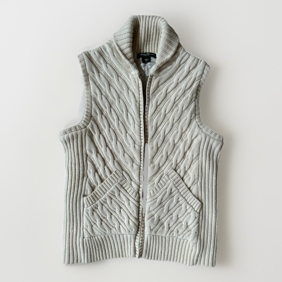 Womens Eddie Bauer Ivory Insulated Wool Blend CableKnit Sweater Vest Full Zip  M - Picture 4 of 13